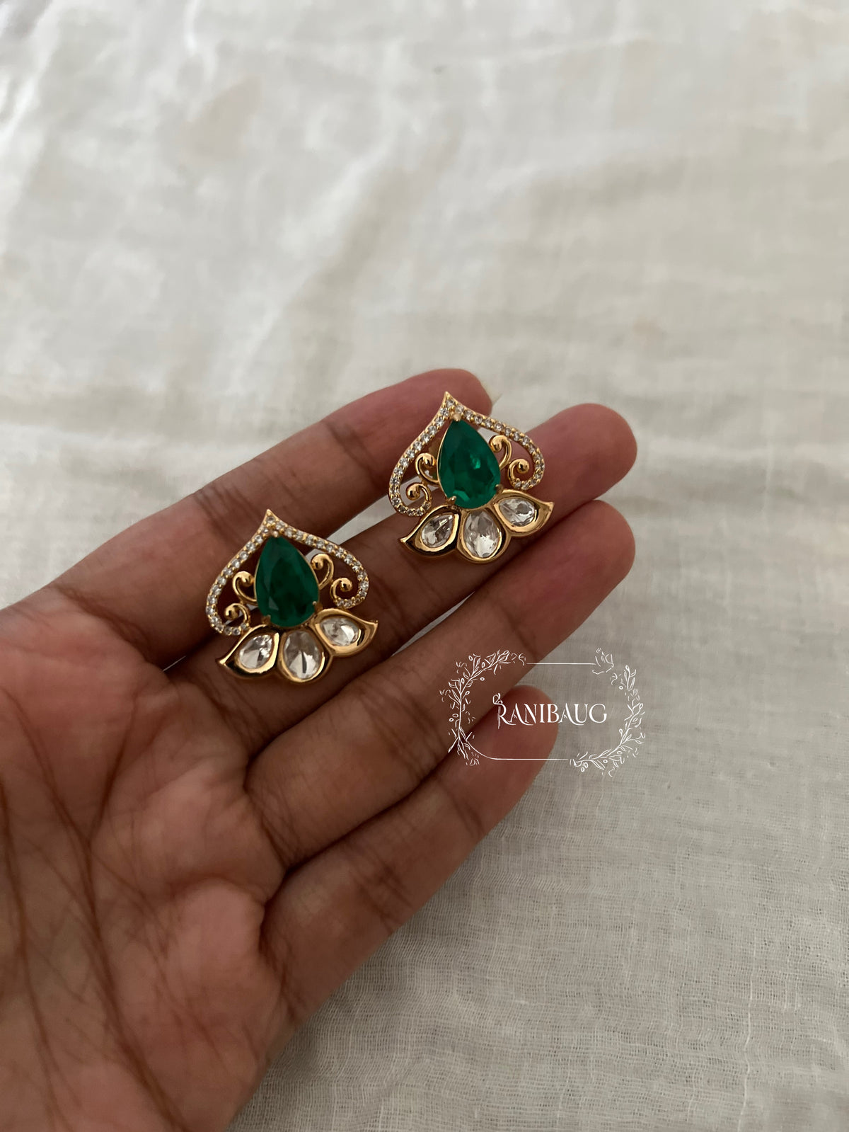 Swara Emerald Floral Polki Kundan Minimal Festive Ear Studs By Ranibaug