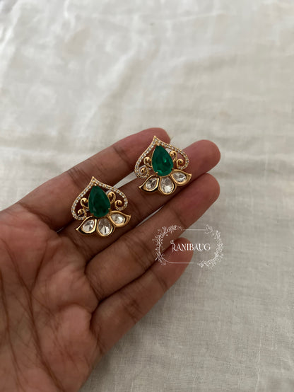 Swara Emerald Floral Polki Kundan Minimal Festive Ear Studs By Ranibaug