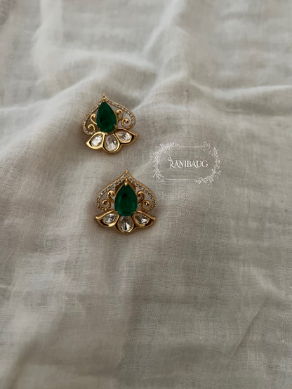 Swara Emerald Floral Polki Kundan Minimal Festive Ear Studs By Ranibaug