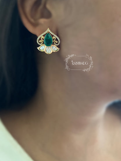 Swara Emerald Floral Polki Kundan Minimal Festive Ear Studs By Ranibaug