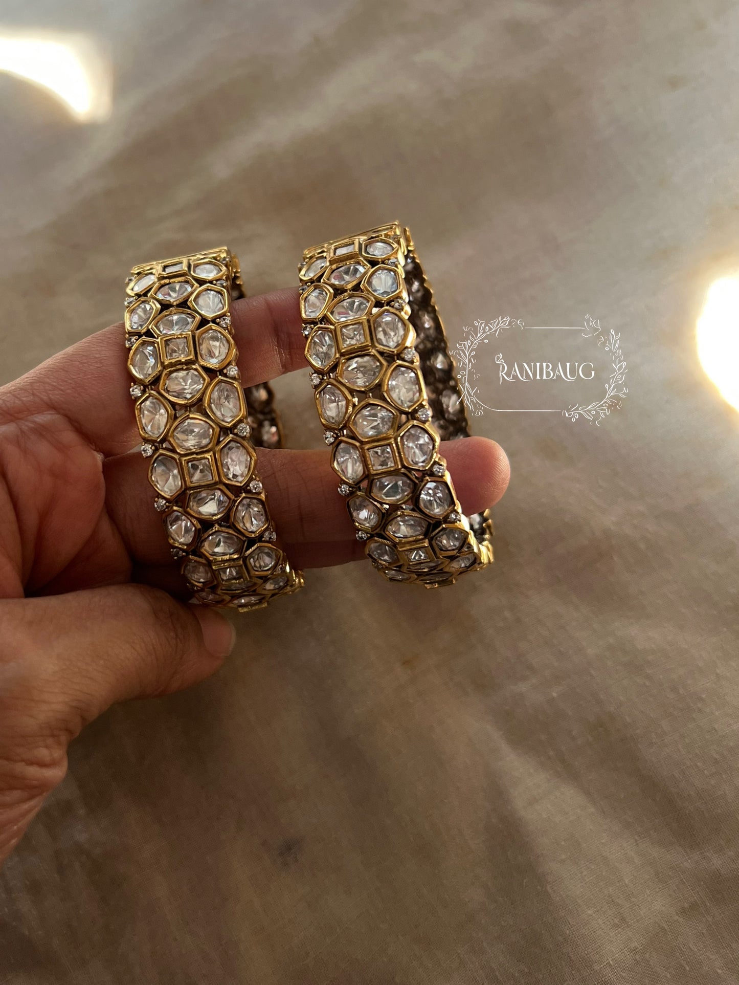 Swarnika Rich Gold Tone Mossainite Polki Bangle For Festive Wedding Occasions By Ranibaug
