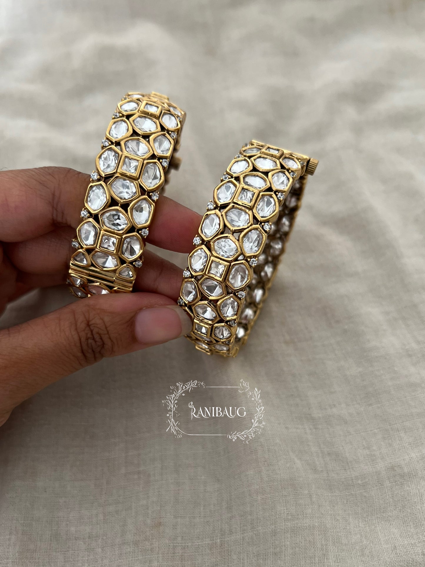 Swarnika Rich Gold Tone Mossainite Polki Bangle For Festive Wedding Occasions By Ranibaug