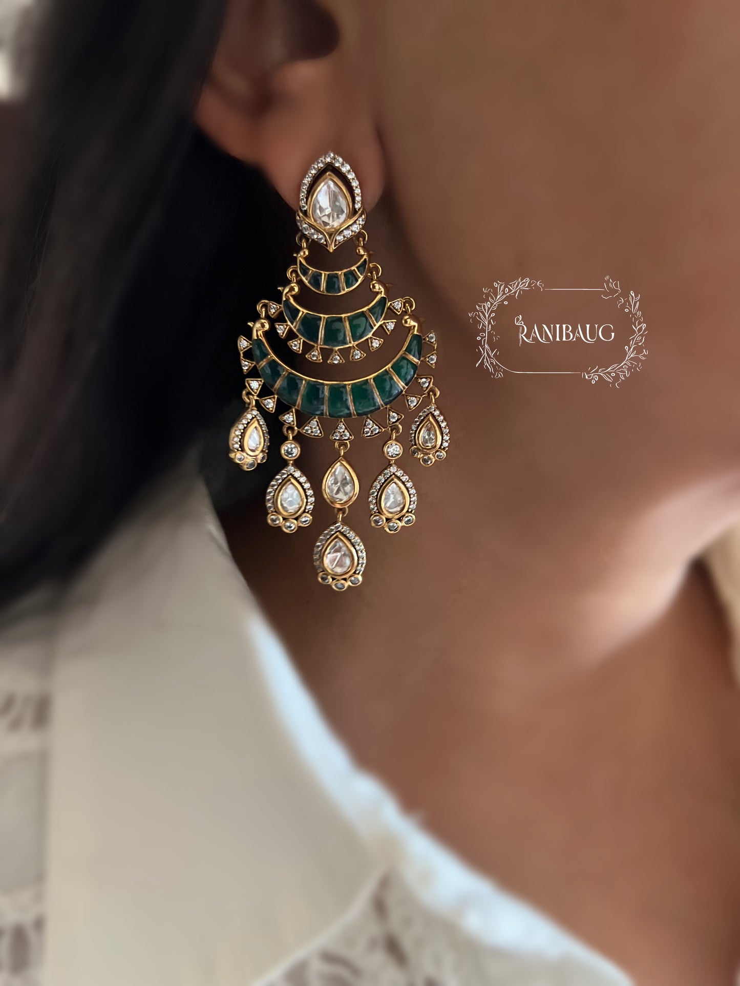 Swati Enamel Gold Finish Layered Chandbali Dangler Earrings With Teardrop Polki Kundan Drops By Ranibaug