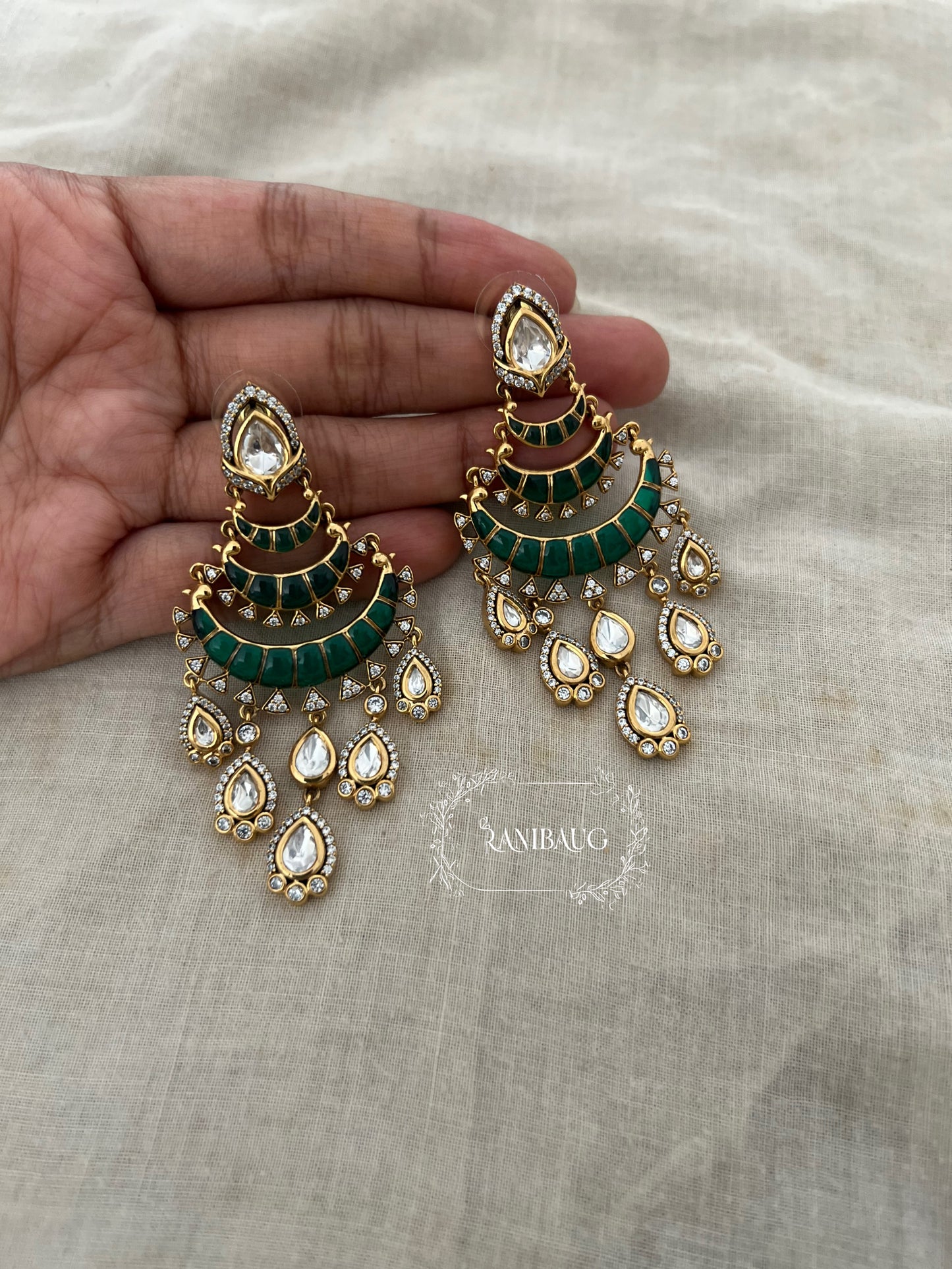 Swati Enamel Gold Finish Layered Chandbali Dangler Earrings With Teardrop Polki Kundan Drops By Ranibaug
