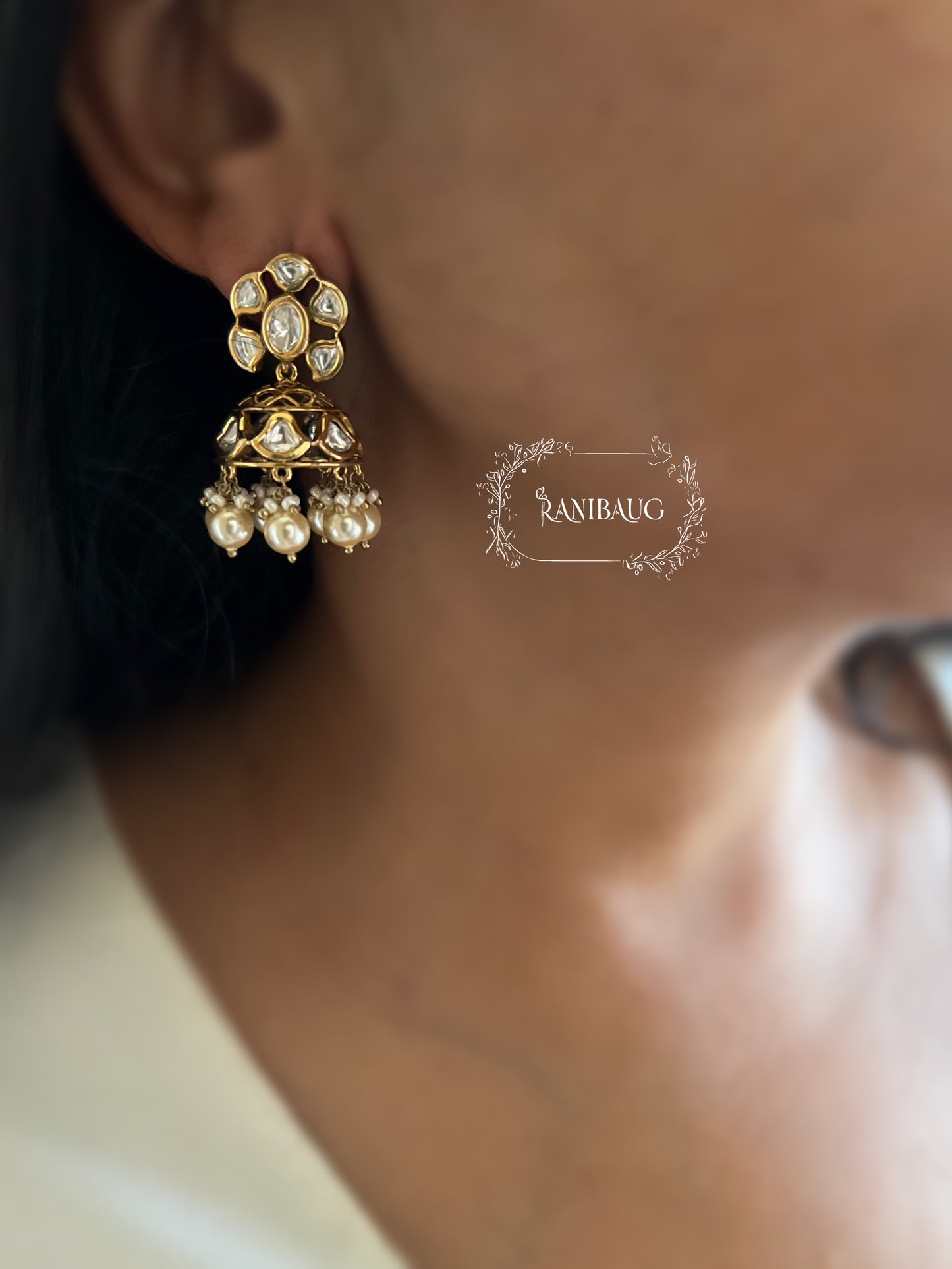 Tanika Small Cute Minimalistic Light Mossainite Polki Studded Floral Gold Finish Jhumki By Ranibaug