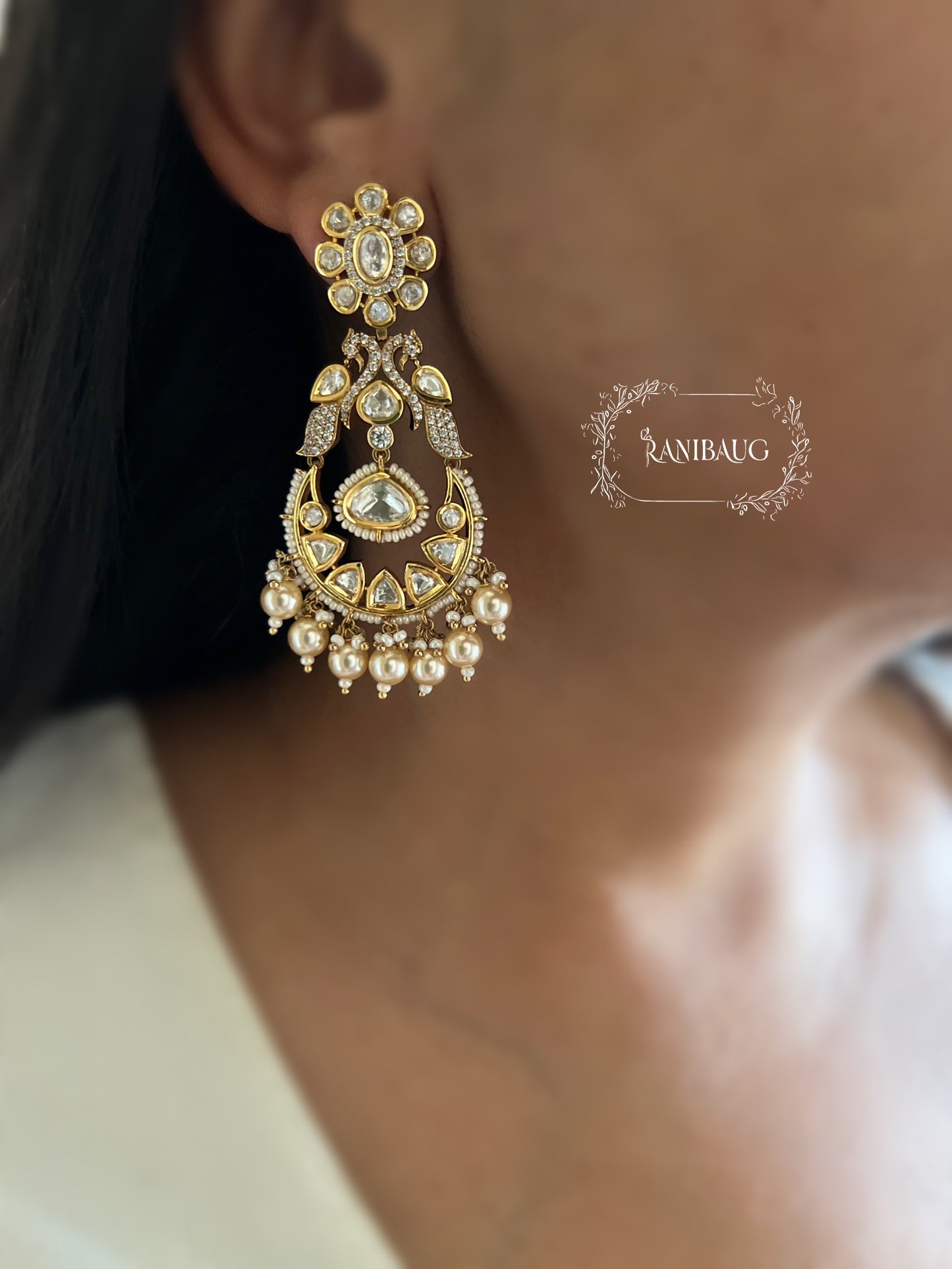 Tanisha Gold Finish Floral Stud Peacock Polki Chandbali Adorned In Pearls By Ranibaug