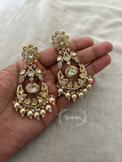 Tanisha Gold Finish Floral Stud Peacock Polki Chandbali Adorned In Pearls By Ranibaug