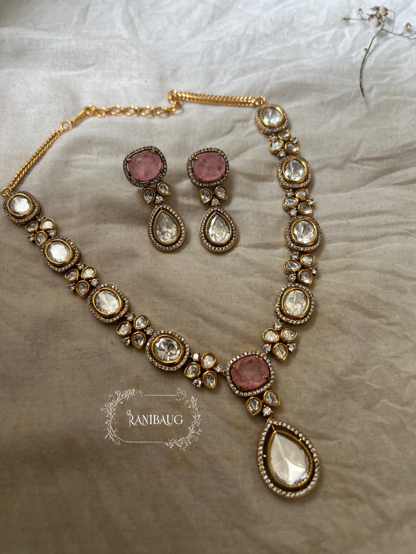 Tanisha Mossainite Polki Teardrop Victorian Jewellery Set By Ranibaug