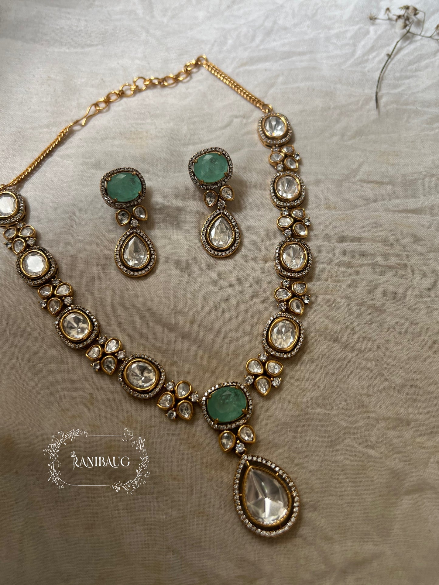 Tanisha Mossainite Polki Teardrop Victorian Jewellery Set By Ranibaug