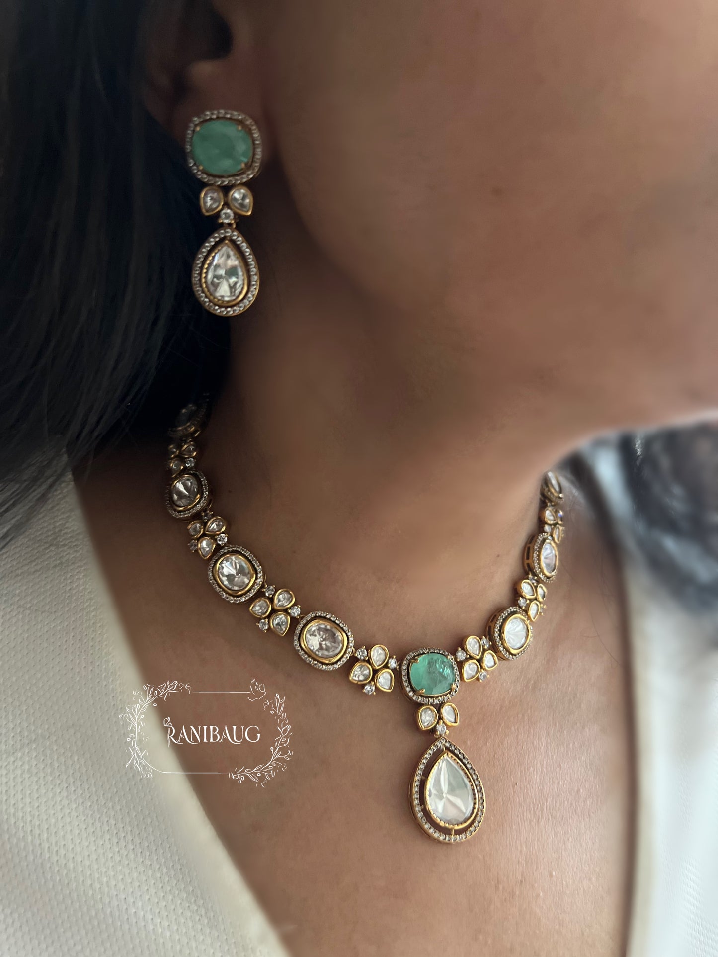 Tanisha Mossainite Polki Teardrop Victorian Jewellery Set By Ranibaug