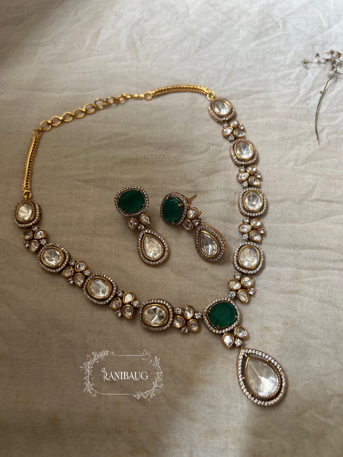 Tanisha Mossainite Polki Teardrop Victorian Jewellery Set By Ranibaug