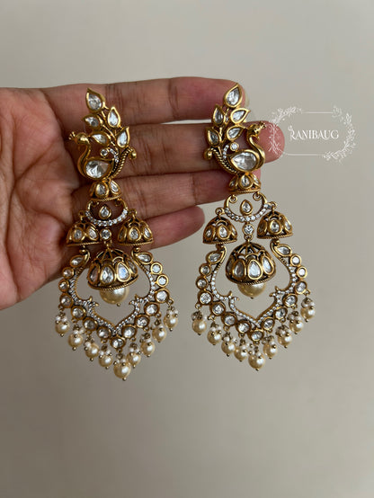 Tanushree Peacock Royal Designer Rich Gold Finish Mossainite Pearl Bridal Statement Earrings By Ranibaug | Best Bridal Earrings For 2026 Weddings