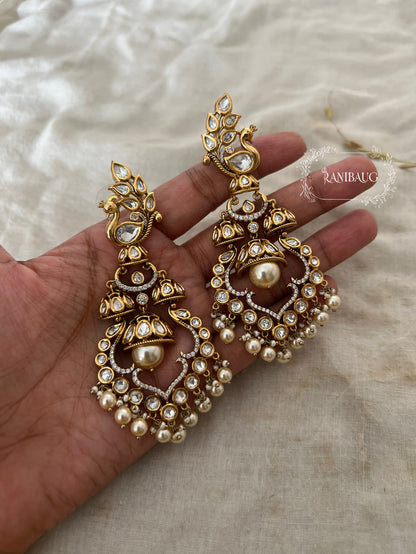 Tanushree Peacock Royal Designer Rich Gold Finish Mossainite Pearl Bridal Statement Earrings By Ranibaug | Best Bridal Earrings For 2026 Weddings