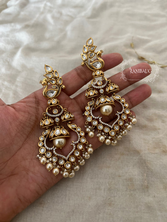 Tanushree Peacock Royal Designer Rich Gold Finish Mossainite Pearl Bridal Statement Earrings By Ranibaug | Best Bridal Earrings For 2026 Weddings