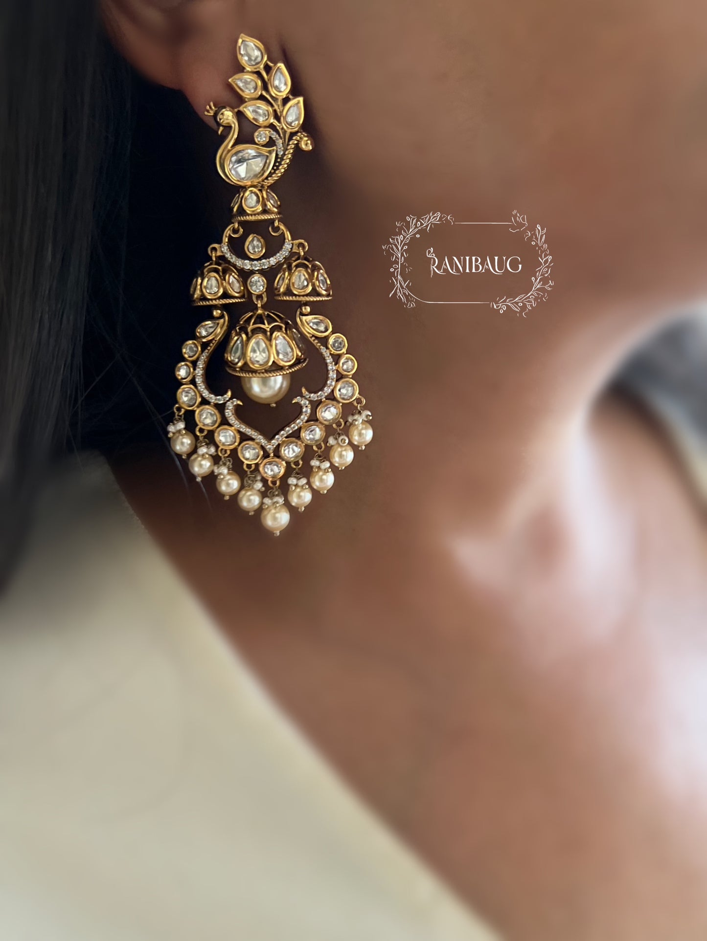 Tanushree Peacock Royal Designer Rich Gold Finish Mossainite Pearl Bridal Statement Earrings By Ranibaug | Best Bridal Earrings For 2026 Weddings