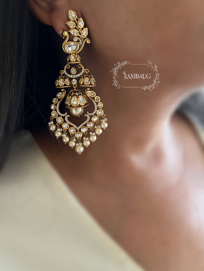 Tanushree Peacock Royal Designer Rich Gold Finish Mossainite Pearl Bridal Statement Earrings By Ranibaug | Best Bridal Earrings For 2026 Weddings