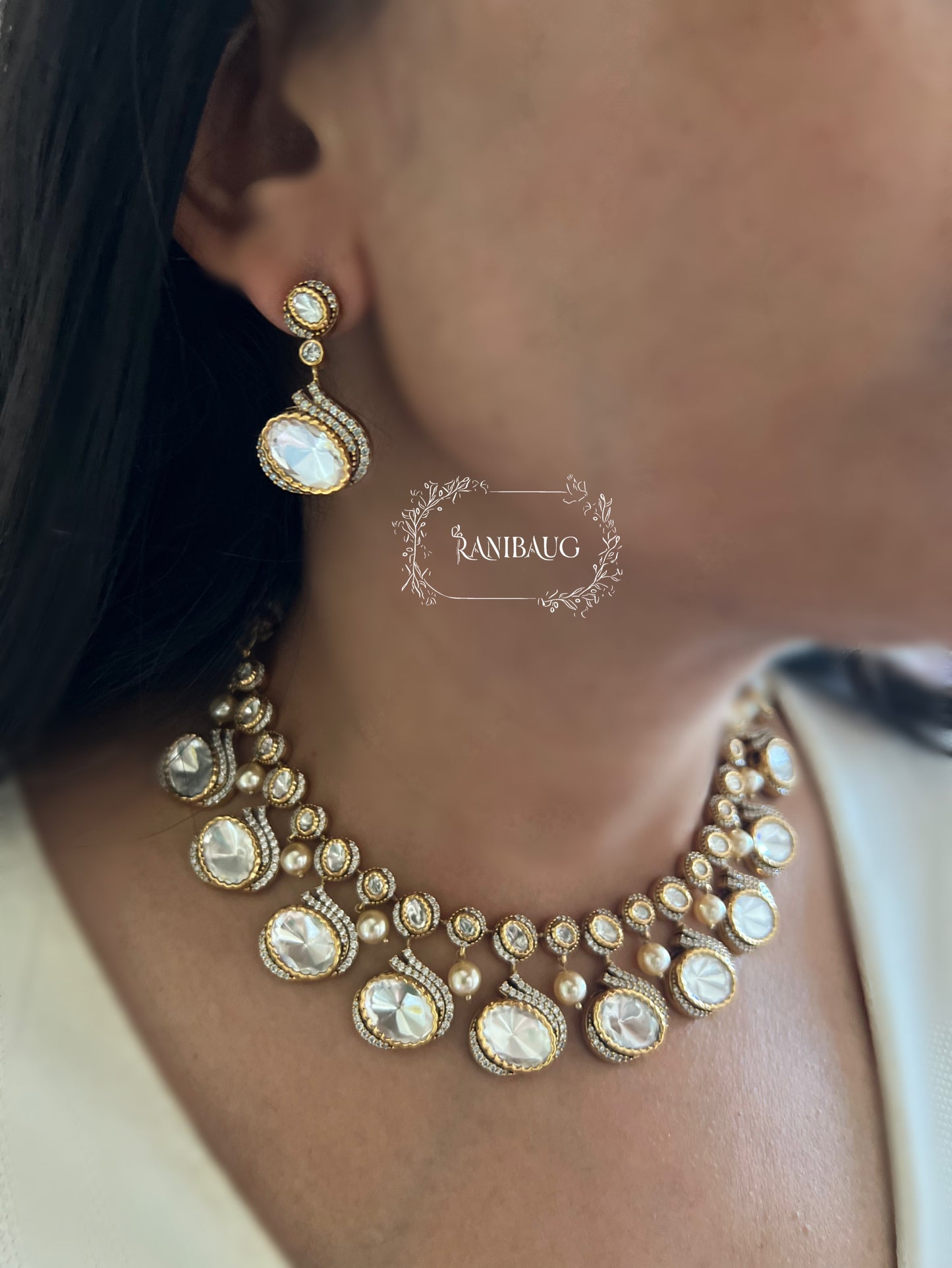 Tanvi Big Large Mossainite Polki Kundan Drops Necklace Set In Rich Gold Plating By Ranibaug | Unique Trendy Necklace Set 2025 2026