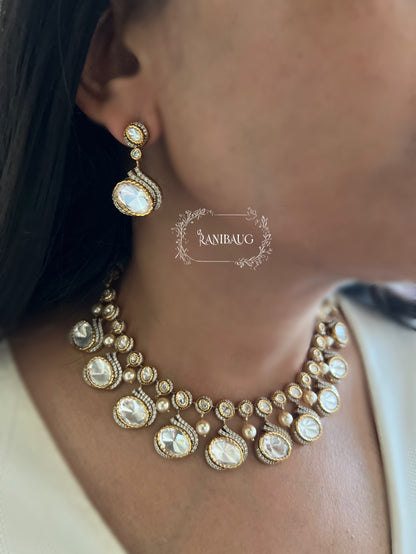 Tanvi Big Large Mossainite Polki Kundan Drops Necklace Set In Rich Gold Plating By Ranibaug | Unique Trendy Necklace Set 2025 2026