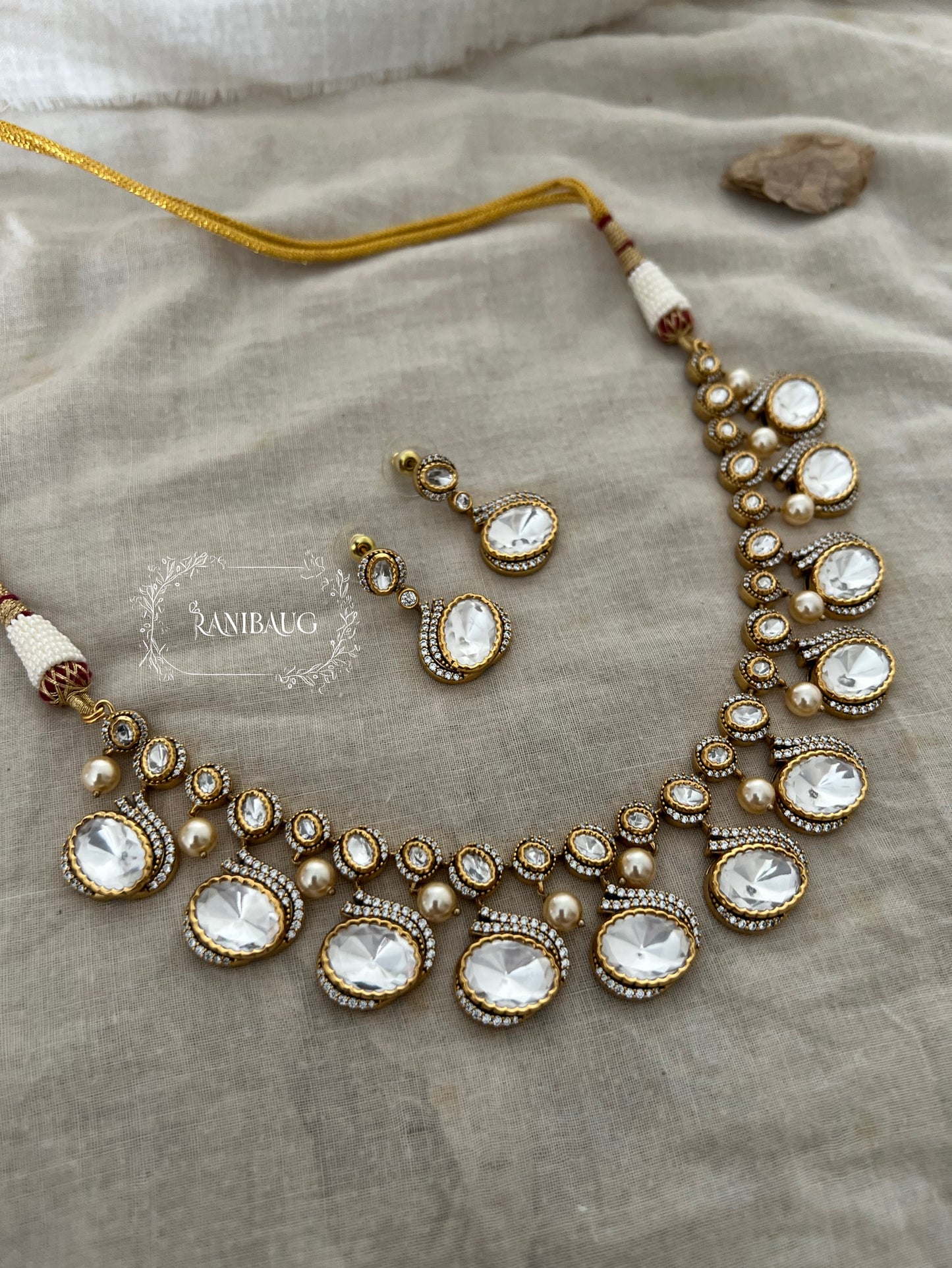 Tanvi Big Large Mossainite Polki Kundan Drops Necklace Set In Rich Gold Plating By Ranibaug | Unique Trendy Necklace Set 2025 2026