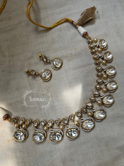 Tanvi Big Large Mossainite Polki Kundan Drops Necklace Set In Rich Gold Plating By Ranibaug | Unique Trendy Necklace Set 2025 2026