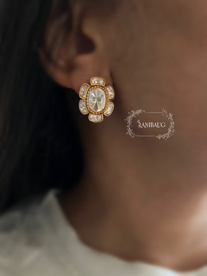 Tanvika Kundan Floral Motif Gold Finish Classic Boutique Ear Studs By Ranibaug