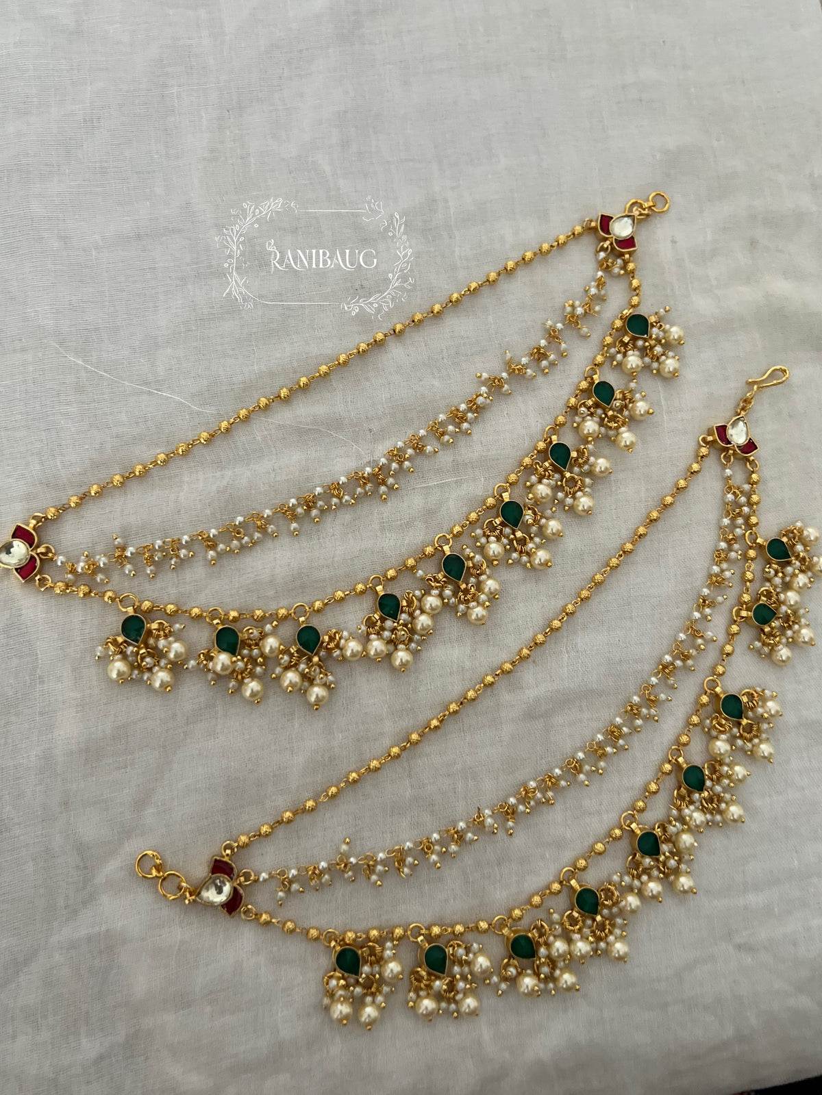 Tanya Emerald Tiny Gold And Pearls Beaded Indian Hair Chain Jewelry For Traditional Wear By Ranibaug
