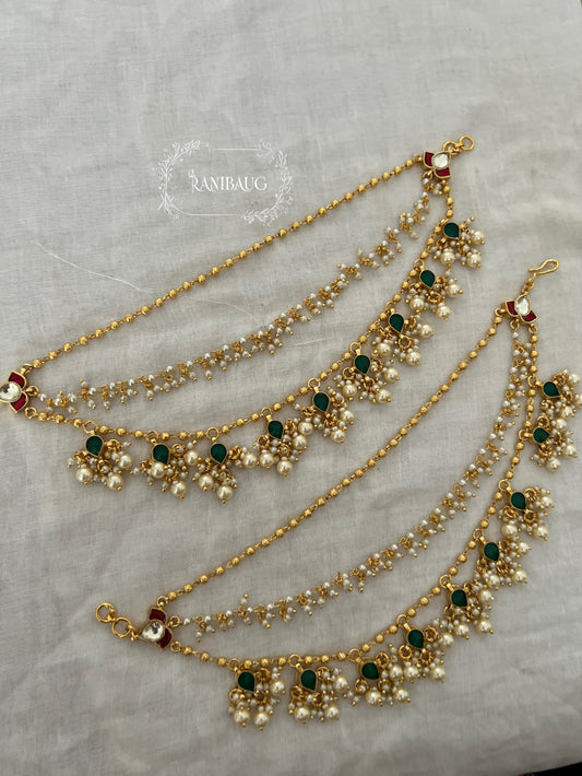 Tanya Emerald Tiny Gold And Pearls Beaded Indian Hair Chain Jewelry For Traditional Wear By Ranibaug