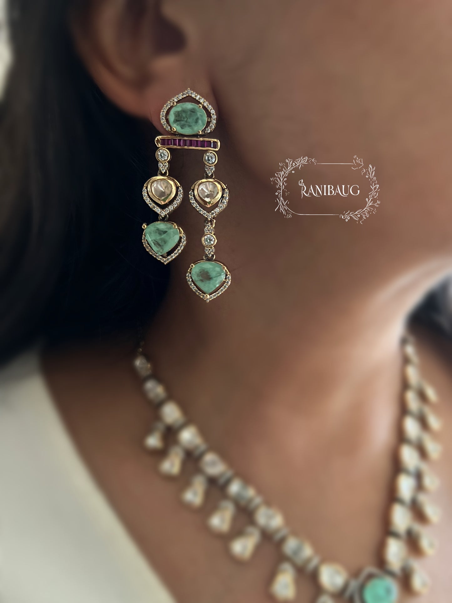 Tanya Mint Polki Studded Fall Silhouette Designer Necklace Set By Ranibaug | The Royal Wedding Collection 2026
