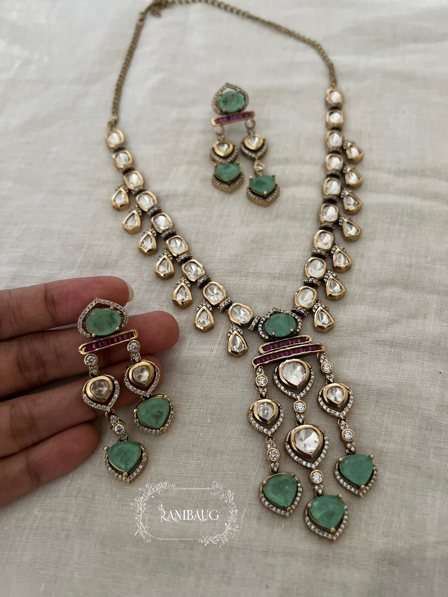Tanya Mint Polki Studded Fall Silhouette Designer Necklace Set By Ranibaug | The Royal Wedding Collection 2026