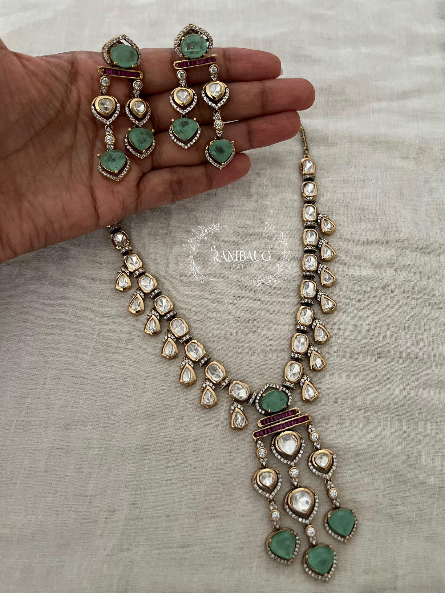 Tanya Mint Polki Studded Fall Silhouette Designer Necklace Set By Ranibaug | The Royal Wedding Collection 2026