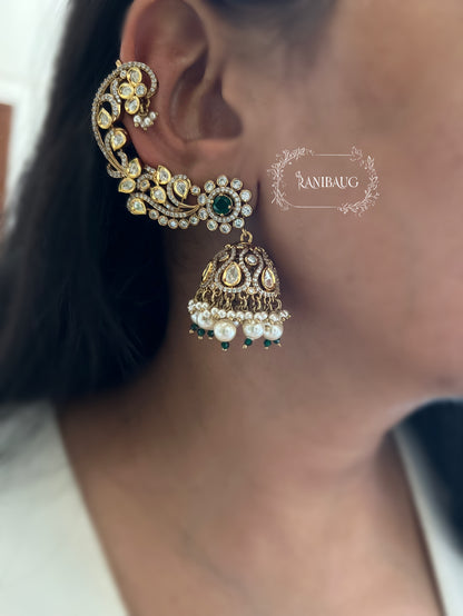 Tanya Polki Kundan Gold Finish Floral Jhumki Cuff Earrings By Ranibaug