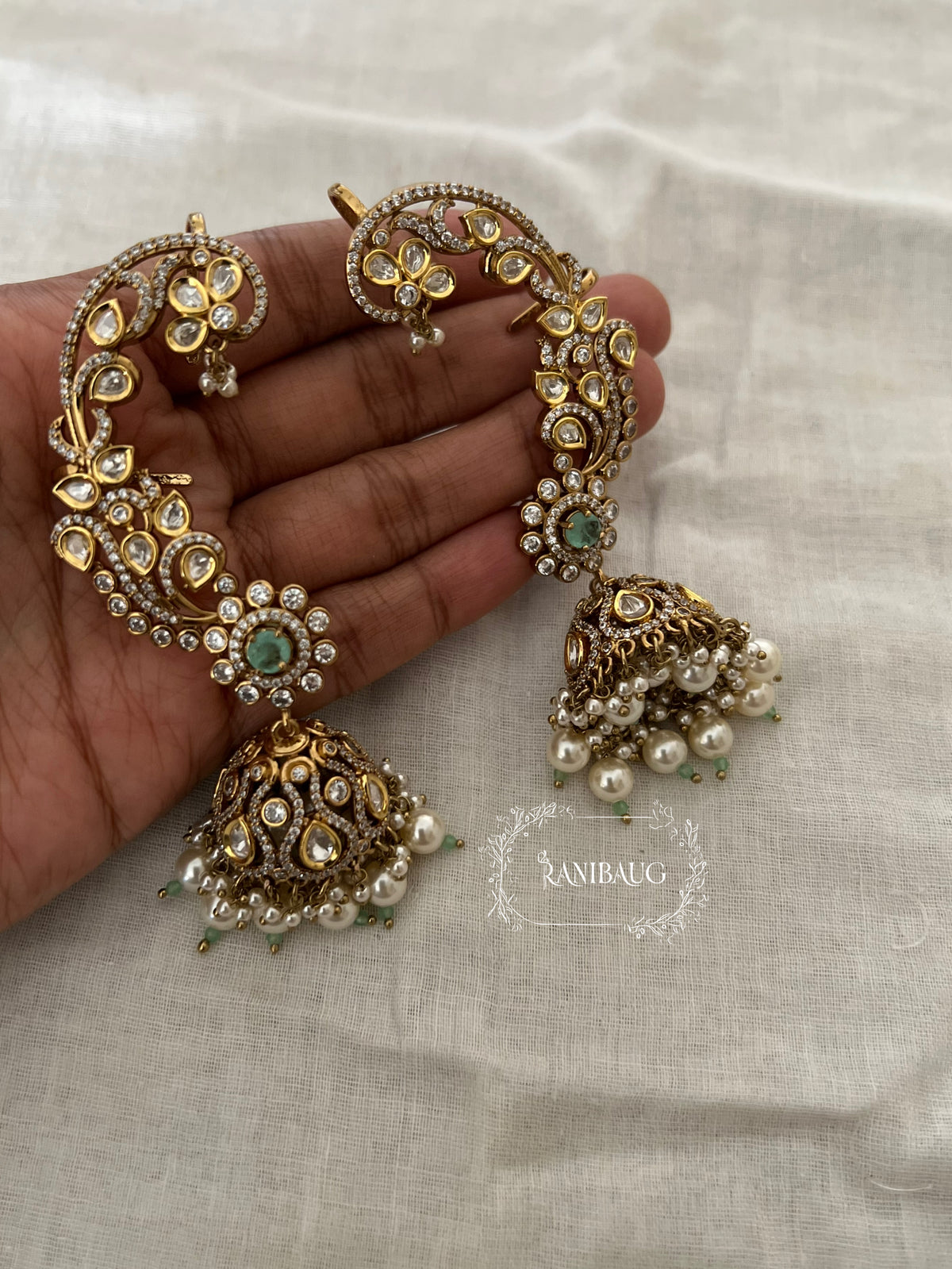 Tanya Polki Kundan Gold Finish Floral Jhumki Cuff Earrings By Ranibaug