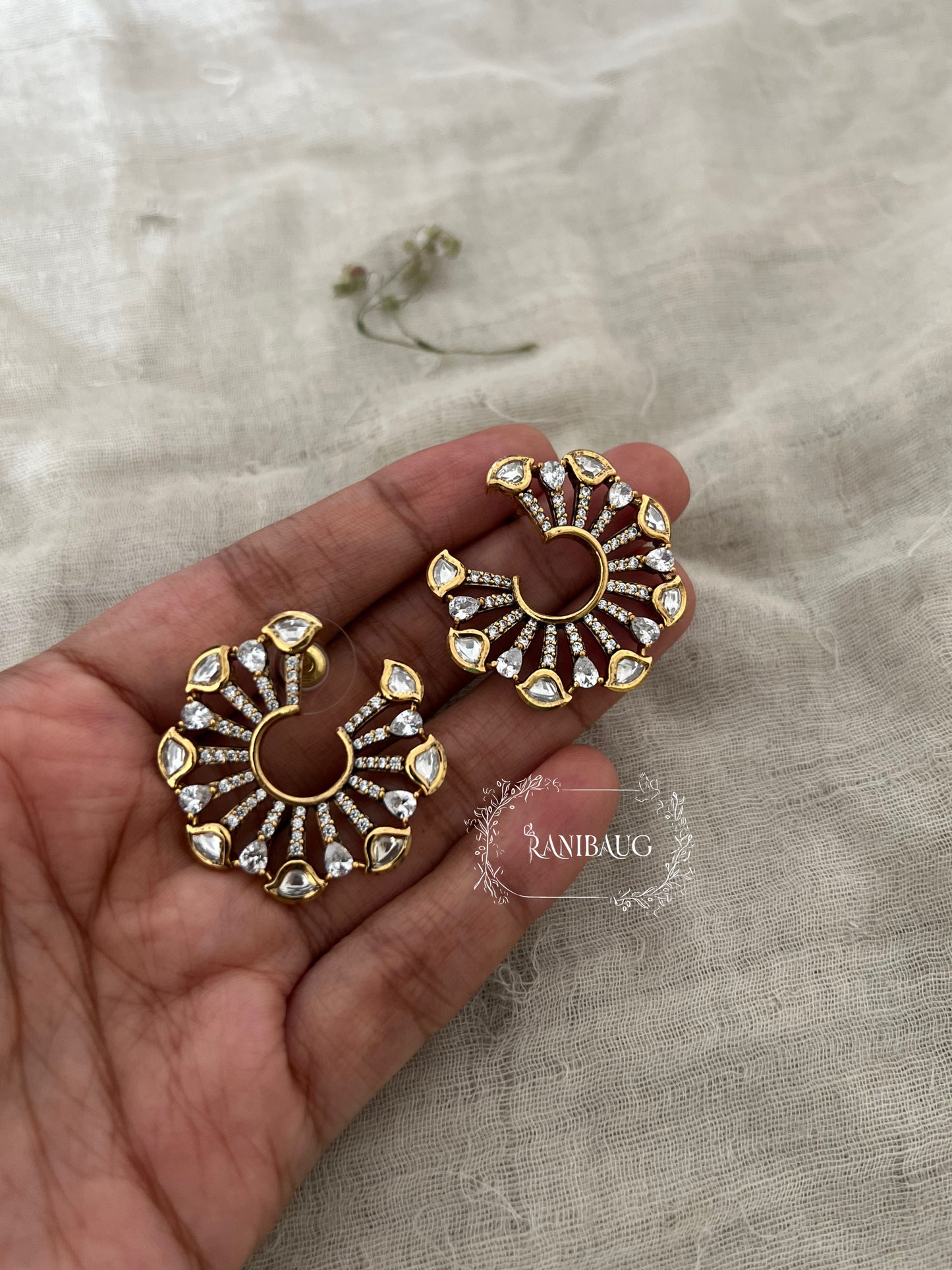 Tara Stylish Modern Gold-Plated Half Hoop Polki Kundan Stud Earrings By Ranibaug