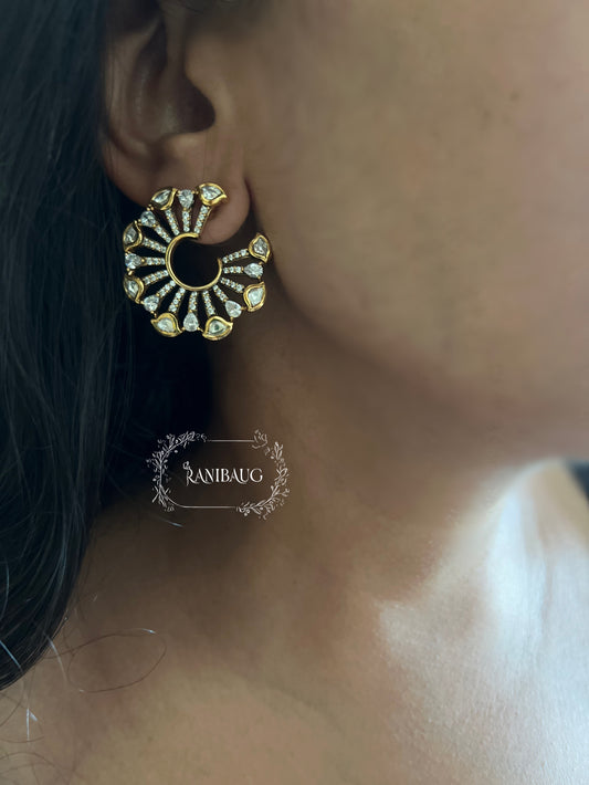 Tara Stylish Modern Gold-Plated Half Hoop Polki Kundan Stud Earrings By Ranibaug