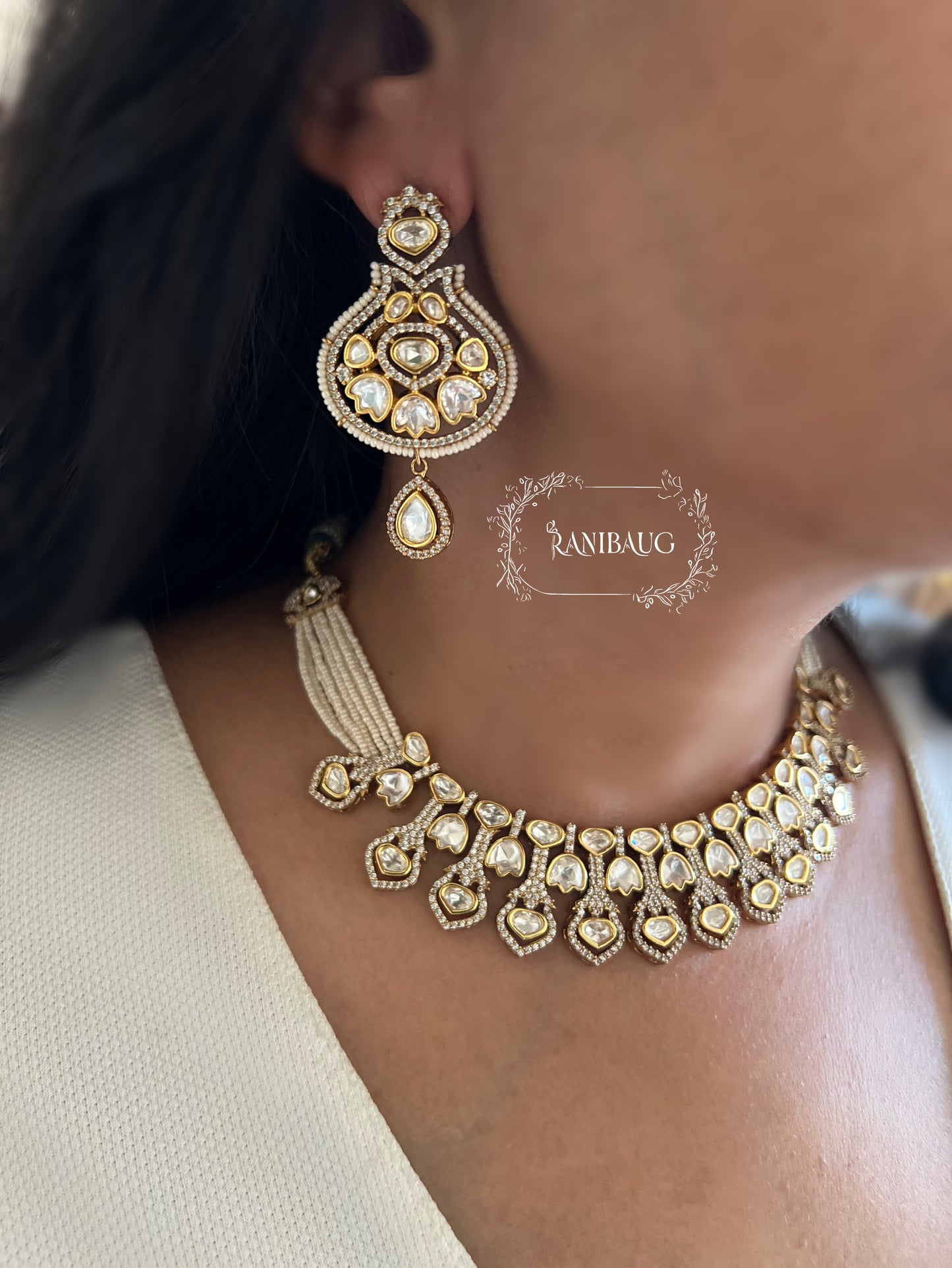 Tara Tulip Motifs Mossainite Polki Studded Beautiful Choker Necklace Set In Premium Gold Finish And Pear Strand Closure By Ranibaug