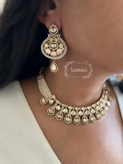 Tara Tulip Motifs Mossainite Polki Studded Beautiful Choker Necklace Set In Premium Gold Finish And Pear Strand Closure By Ranibaug