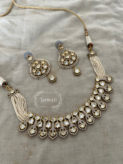 Tara Tulip Motifs Mossainite Polki Studded Beautiful Choker Necklace Set In Premium Gold Finish And Pear Strand Closure By Ranibaug