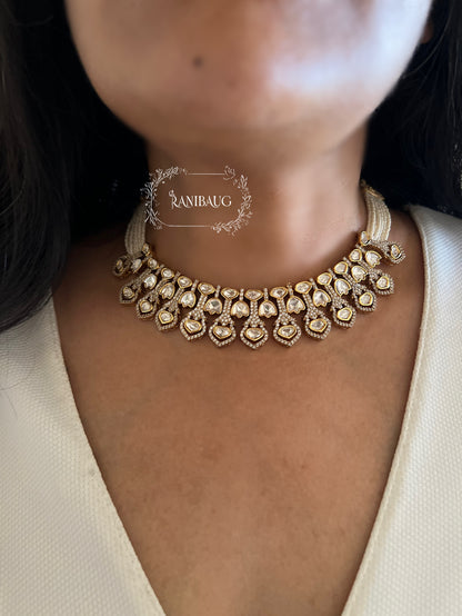 Tara Tulip Motifs Mossainite Polki Studded Beautiful Choker Necklace Set In Premium Gold Finish And Pear Strand Closure By Ranibaug