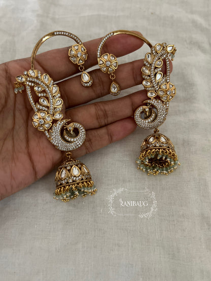 Tarana Polki Peacock Ear Cuff Jhumka Earrings By Ranibaug