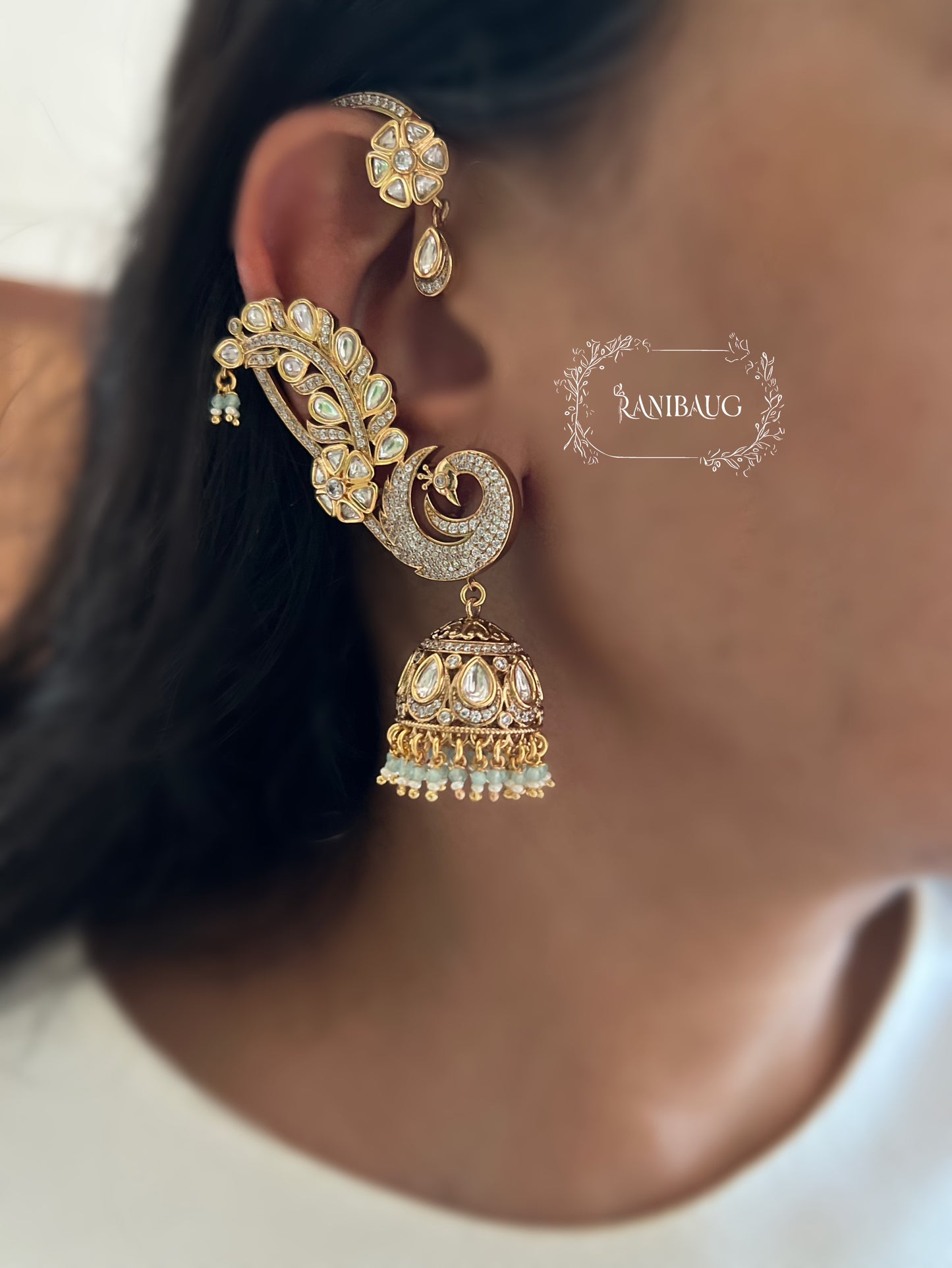 Tarana Polki Peacock Ear Cuff Jhumka Earrings By Ranibaug