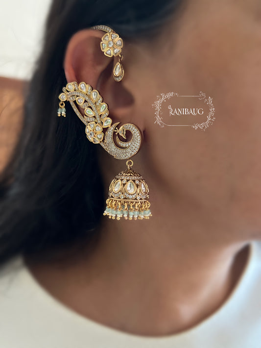 Tarana Polki Peacock Ear Cuff Jhumka Earrings By Ranibaug