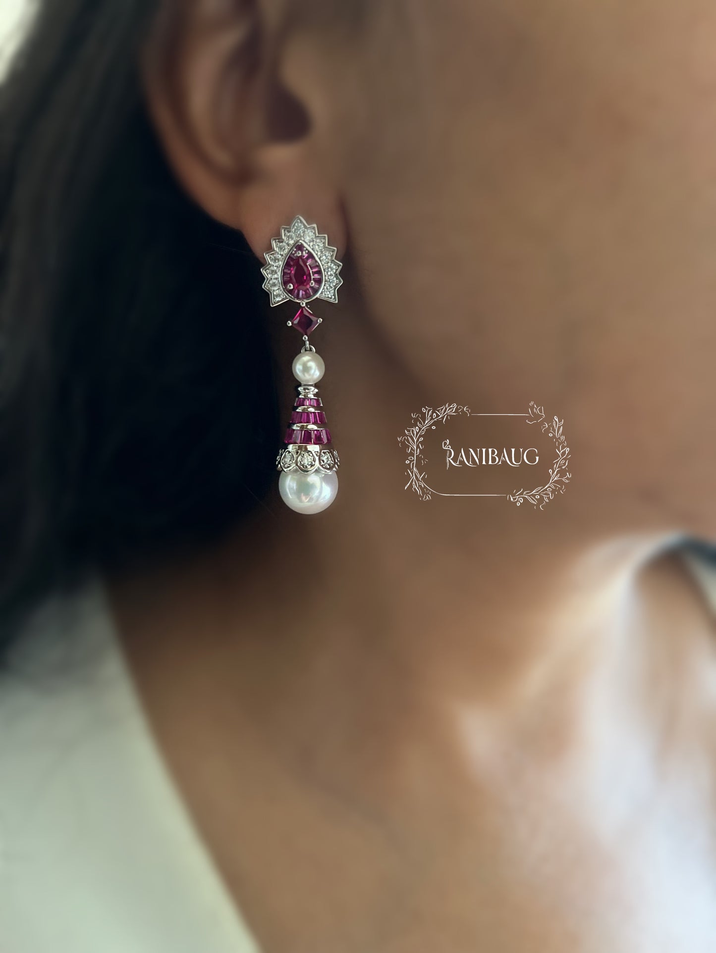 Tarika Diamond Gemstone Silver Finish Pearl Adorned Dangle Earrings By Ranibaug