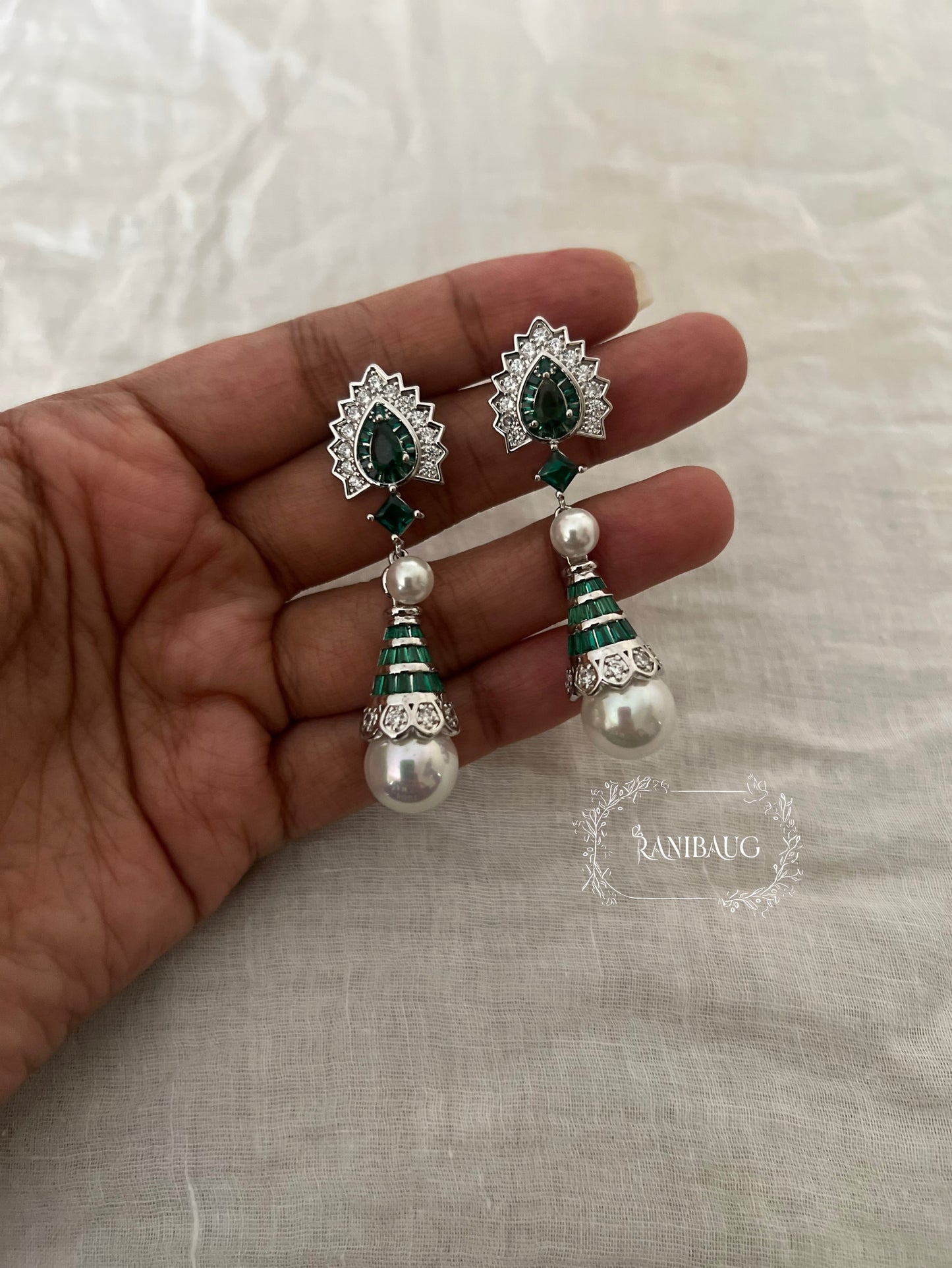 Tarika Diamond Gemstone Silver Finish Pearl Adorned Dangle Earrings By Ranibaug