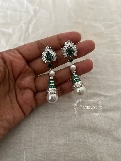 Tarika Diamond Gemstone Silver Finish Pearl Adorned Dangle Earrings By Ranibaug