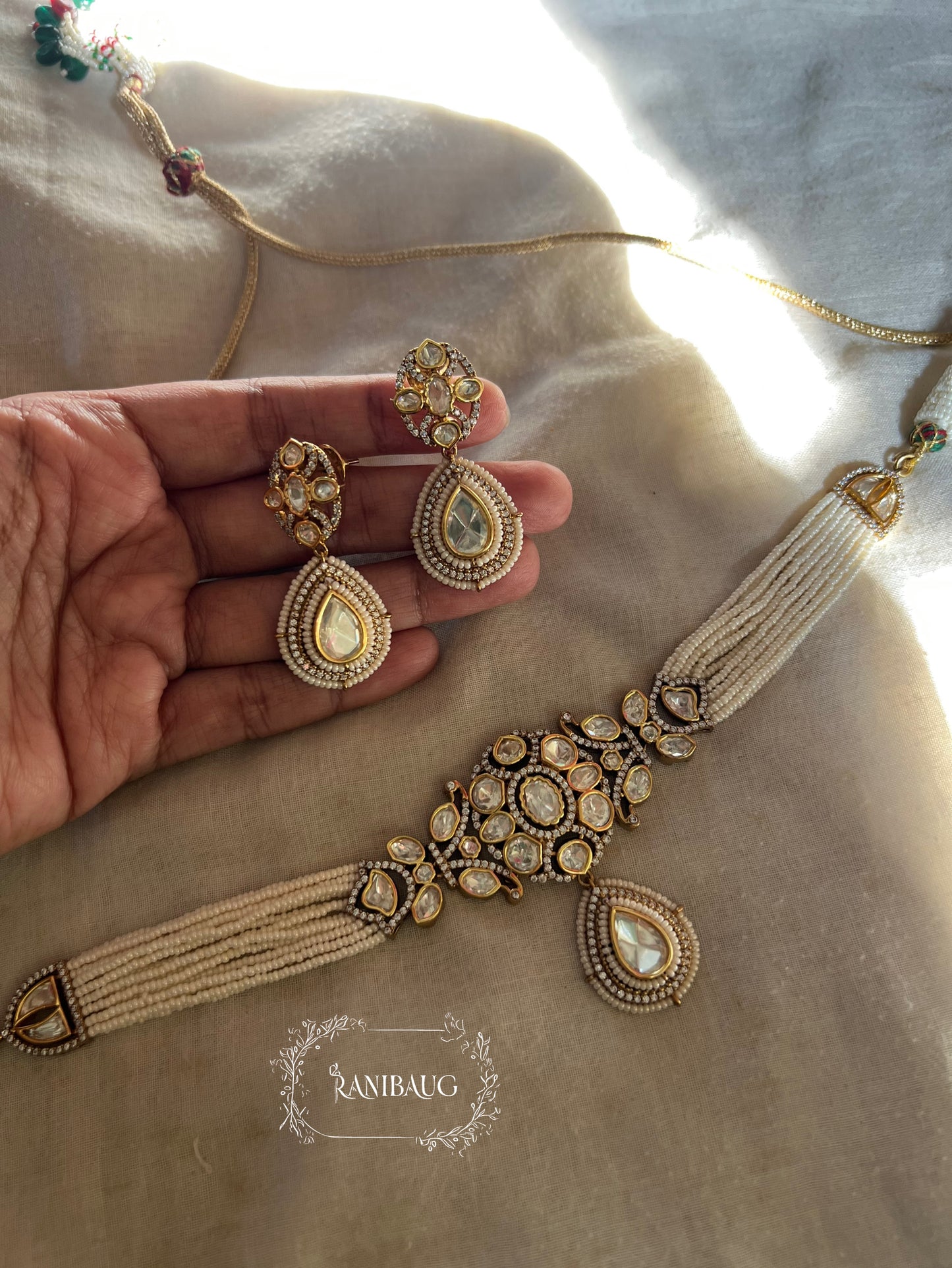 Tarini Minimal Polki Kundan Studded Traditional Indian Choker Set Inspired By Ancient Queens Of India With Teardrop Motif By Ranibaug