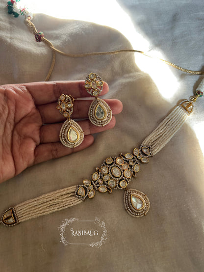 Tarini Minimal Polki Kundan Studded Traditional Indian Choker Set Inspired By Ancient Queens Of India With Teardrop Motif By Ranibaug