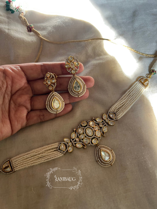 Tarini Minimal Polki Kundan Studded Traditional Indian Choker Set Inspired By Ancient Queens Of India With Teardrop Motif By Ranibaug