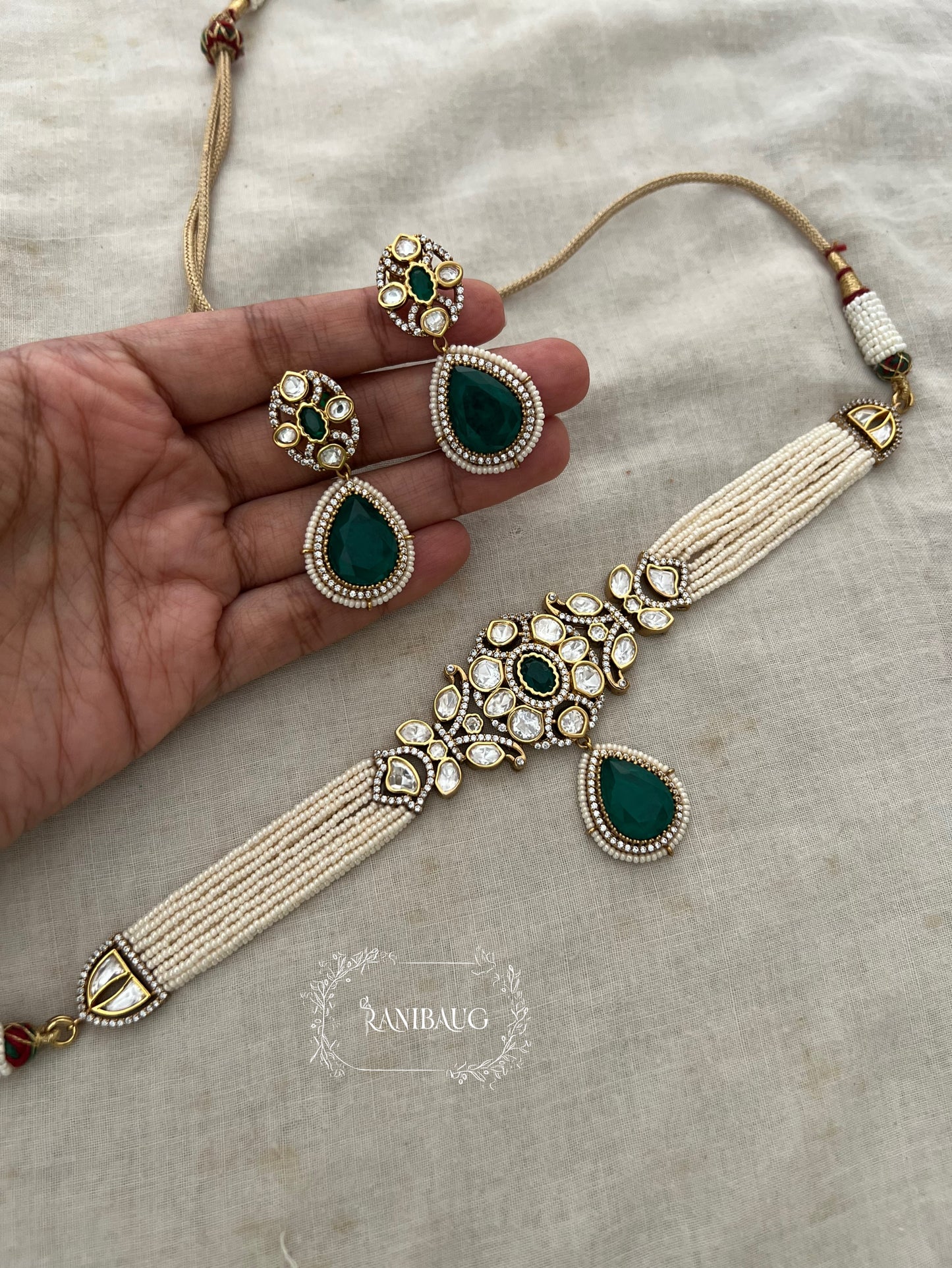 Tarini Minimal Polki Kundan Studded Traditional Indian Choker Set Inspired By Ancient Queens Of India With Teardrop Motif By Ranibaug