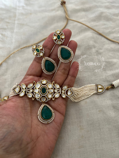 Tarini Minimal Polki Kundan Studded Traditional Indian Choker Set Inspired By Ancient Queens Of India With Teardrop Motif By Ranibaug