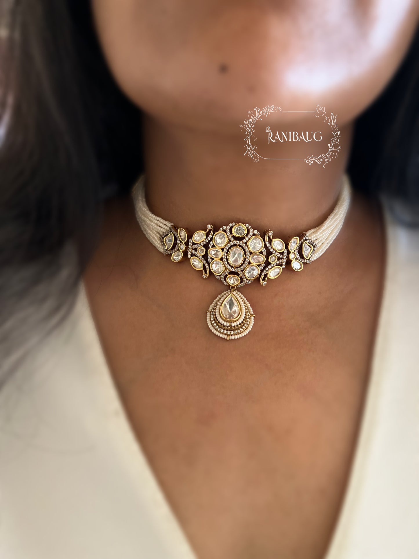 Tarini Minimal Polki Kundan Studded Traditional Indian Choker Set Inspired By Ancient Queens Of India With Teardrop Motif By Ranibaug